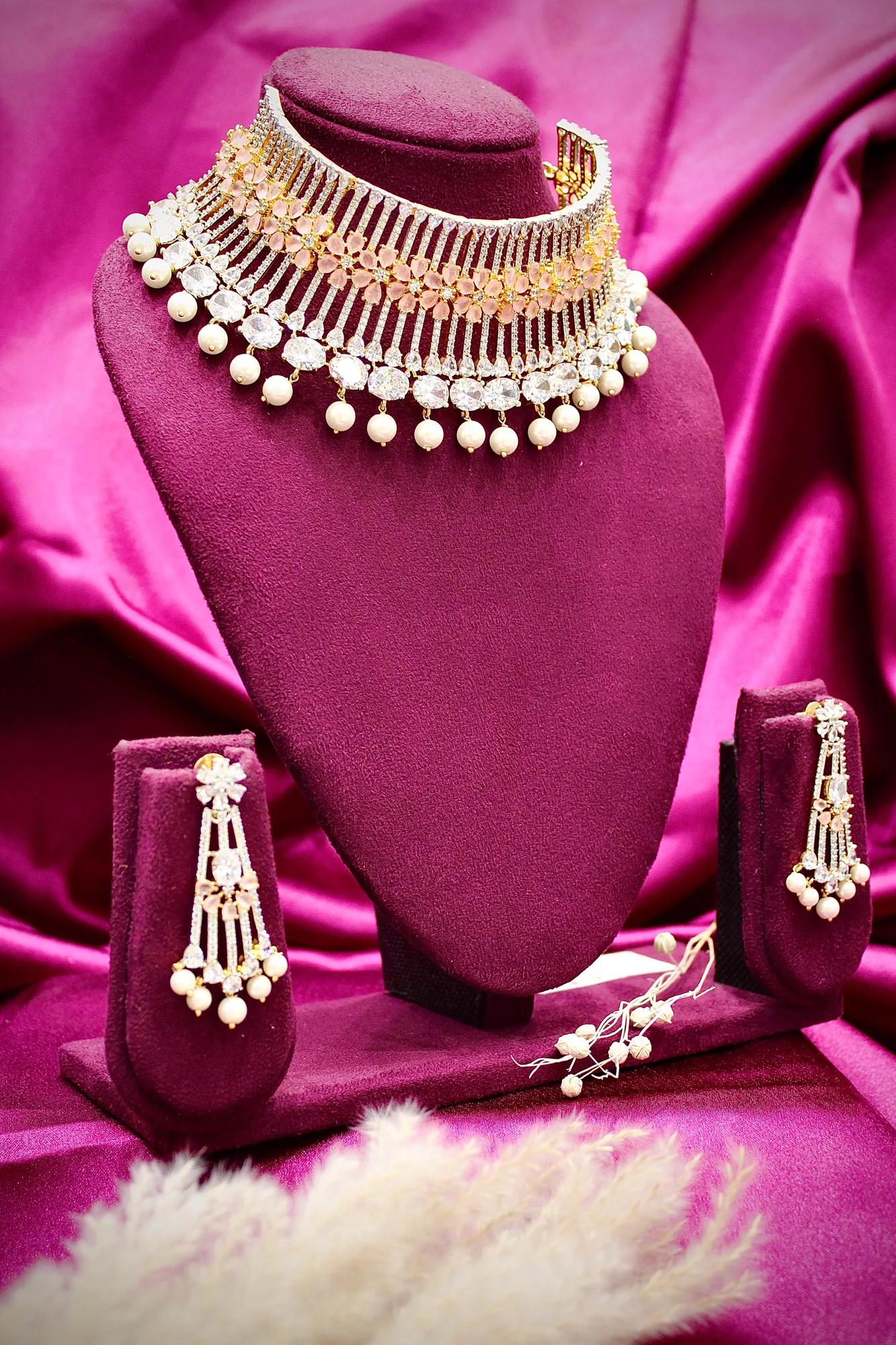 Luxury Floral American Diamond Pearl Choker Set with Statement Earrings