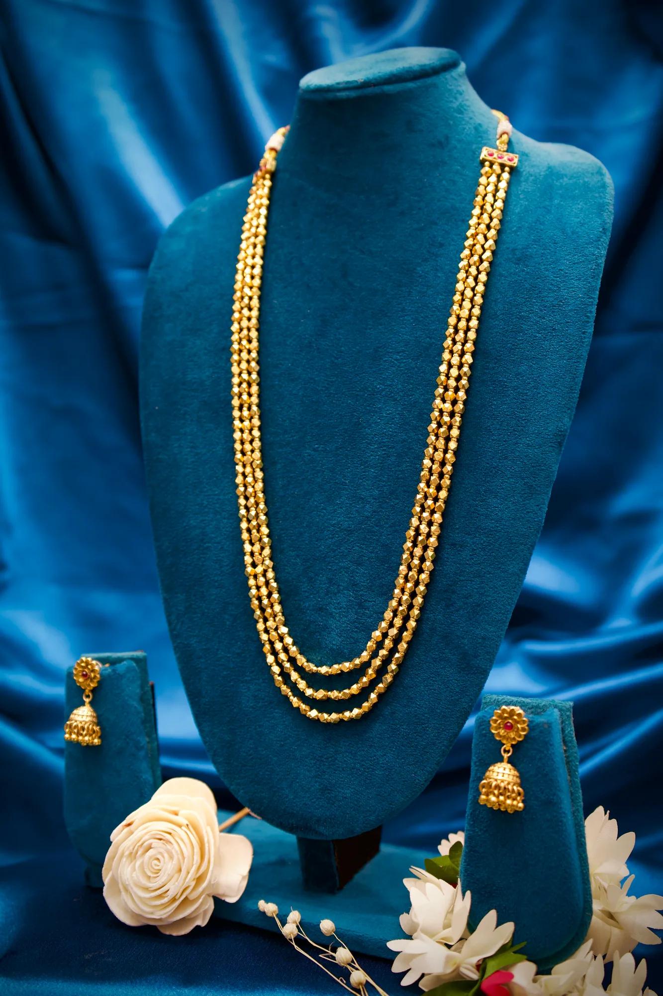 Traditional Gold Beaded Long Necklace Set