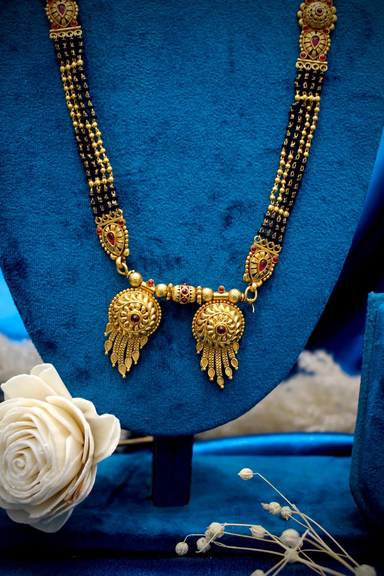 Royal Antique Gold Coin Motif Twin Pendant Black Bead Mangalsutra