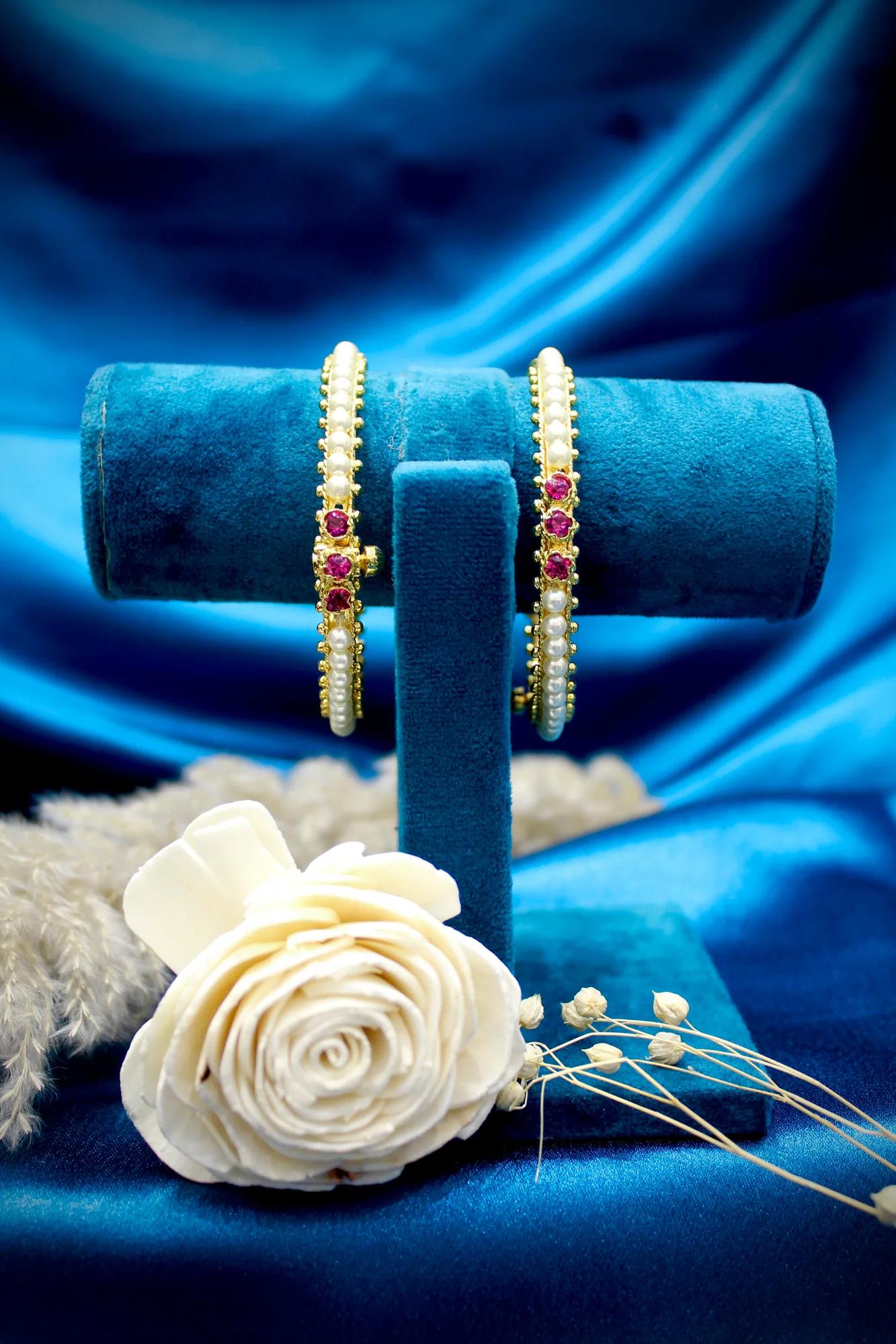 Minimal Pearl & Ruby Openable Bangles (Set of 2)