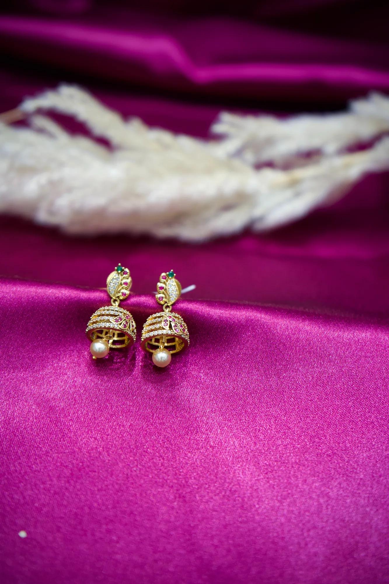 Elegant CZ Bell Jhumka Earrings with Pearl Drop