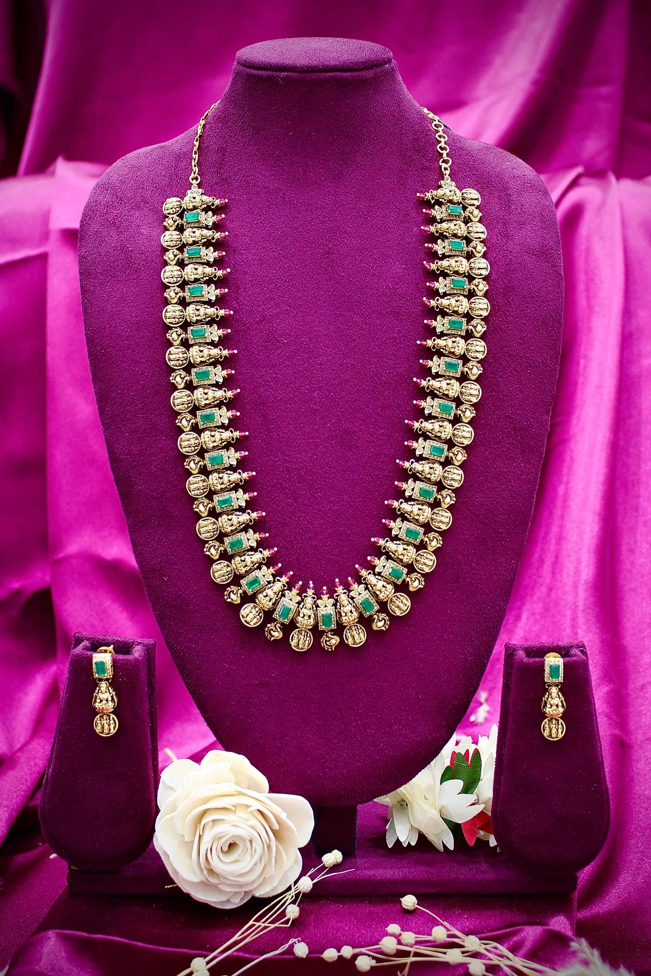 Temple Coin & Emerald Stone Long Necklace Set