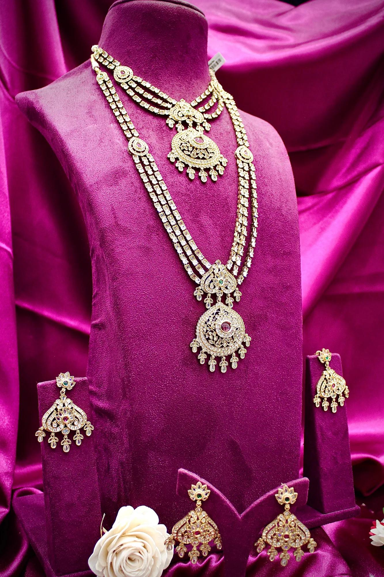 Royal Dual-Layer American Diamond Necklace Set with Ruby & Emerald Accents