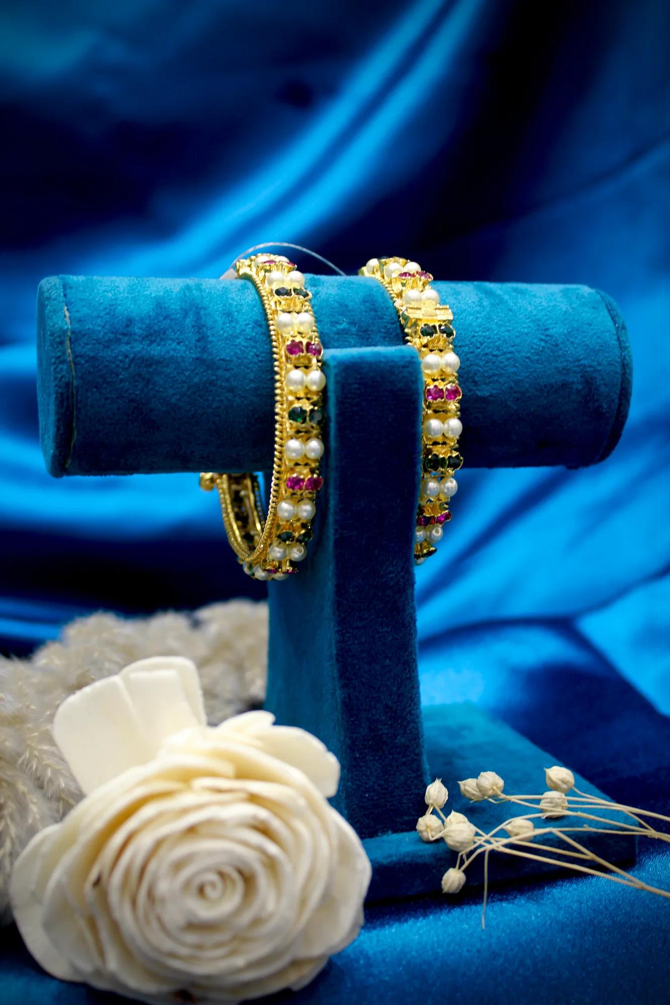 Pearl & Multicolor Stone Designer Bangles (Set of 2)