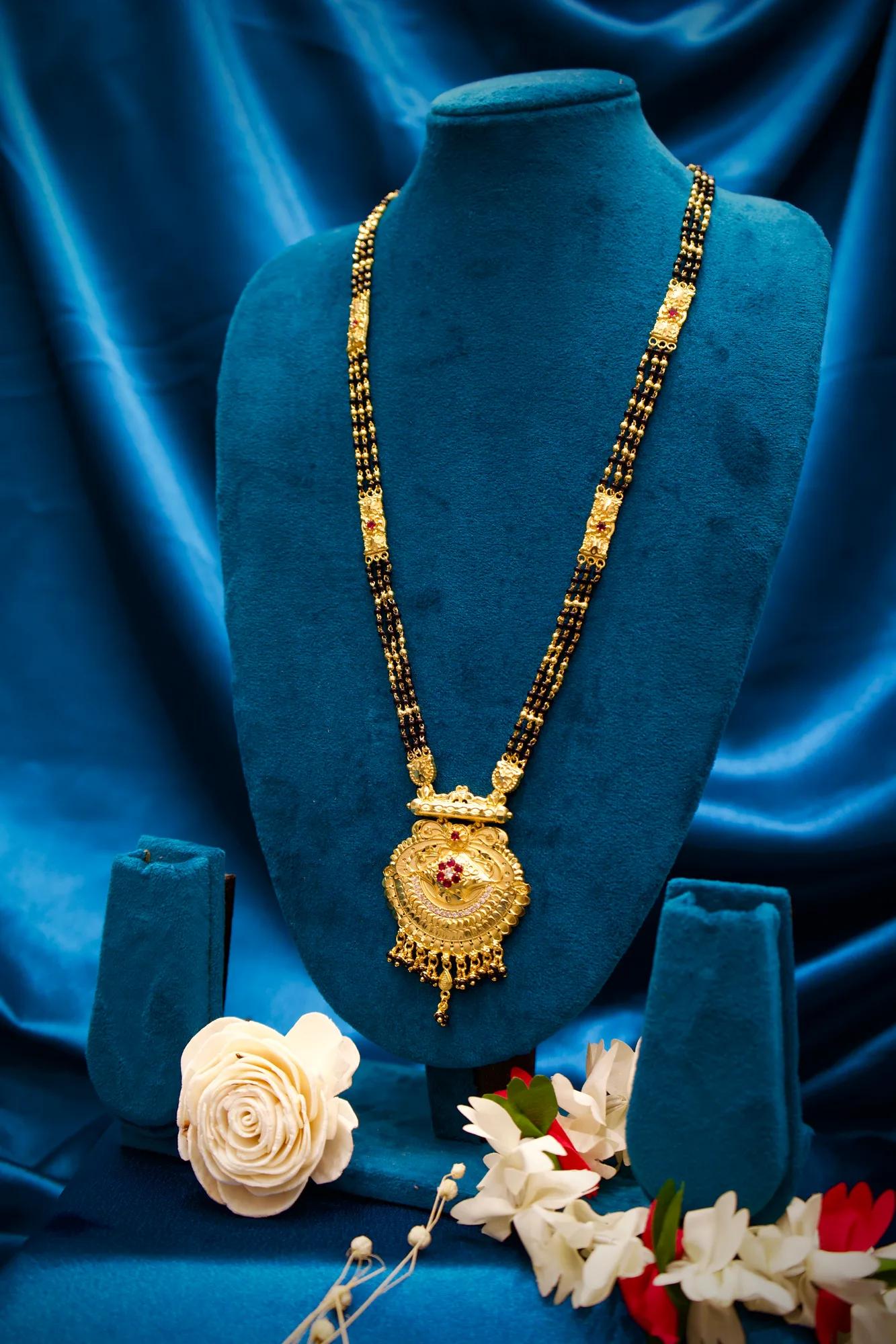 Traditional Black Bead Long Mangalsutra with Antique Royal Pendant