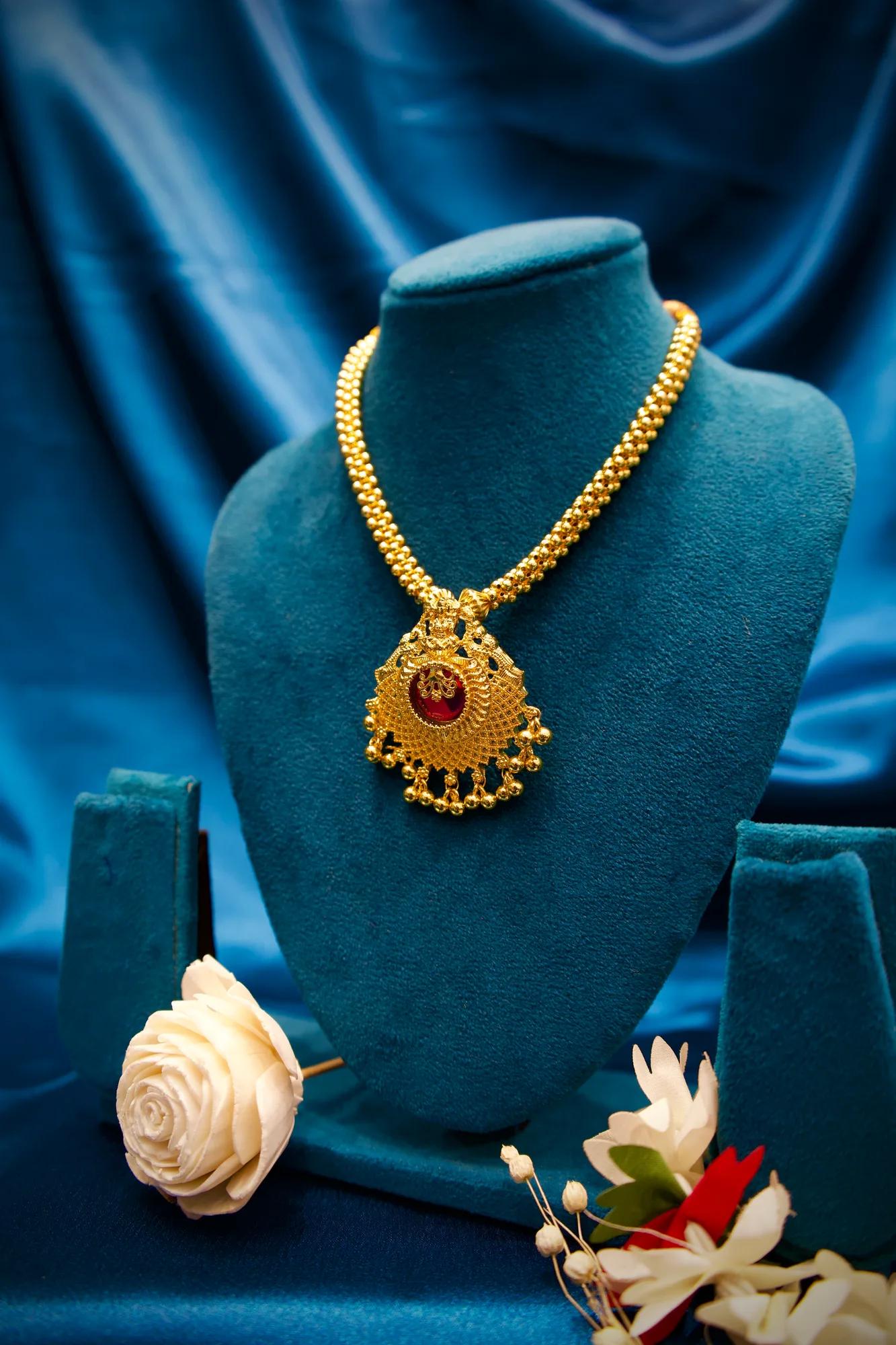 Temple Lakshmi Ruby Pendant Adjustable Necklace