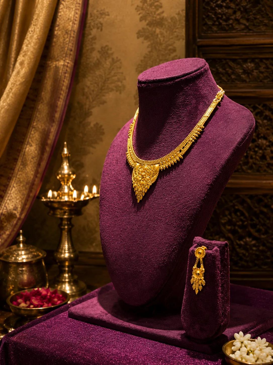 Royal Floral Gold Necklace Set with Traditional Drop Earrings