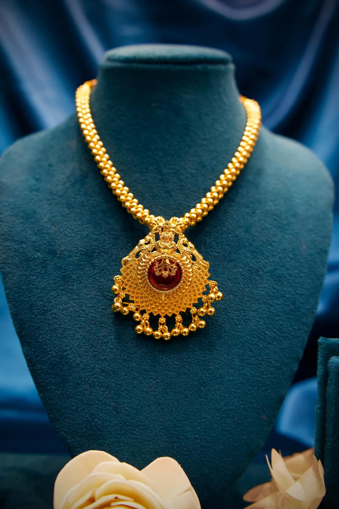 Temple Lakshmi Ruby Pendant Adjustable Necklace