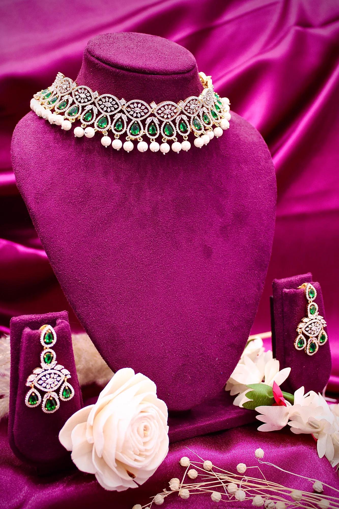 Royal Emerald Pearl American Diamond Choker Set