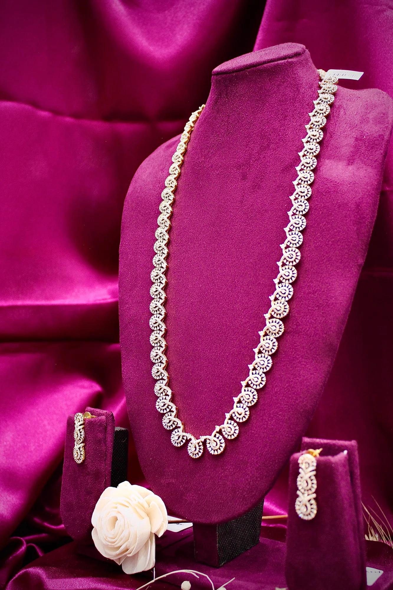 Elegant American Diamond Long Necklace Set with Drop Earrings