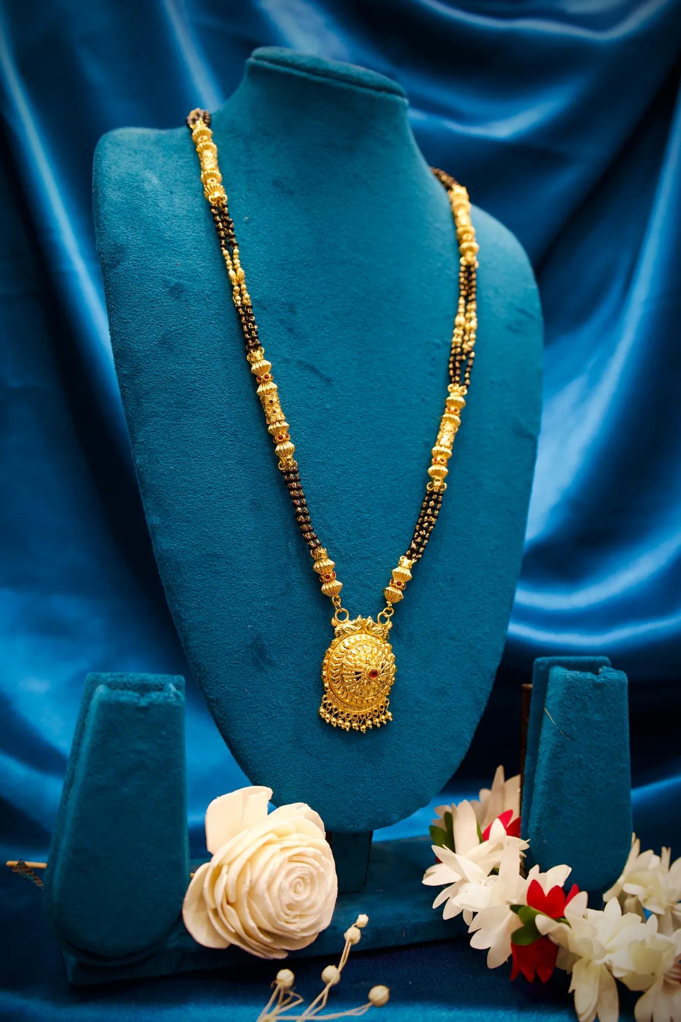 Traditional Black Bead Mangalsutra with Antique Circular Pendant
