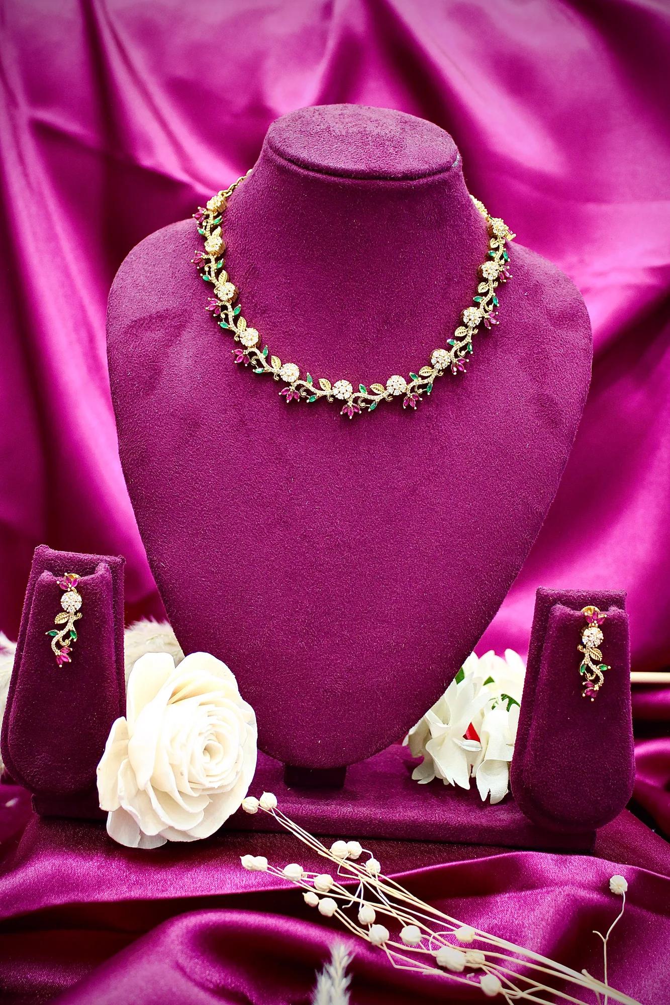 Floral Vine CZ Necklace Set with Multicolor Stone Accents