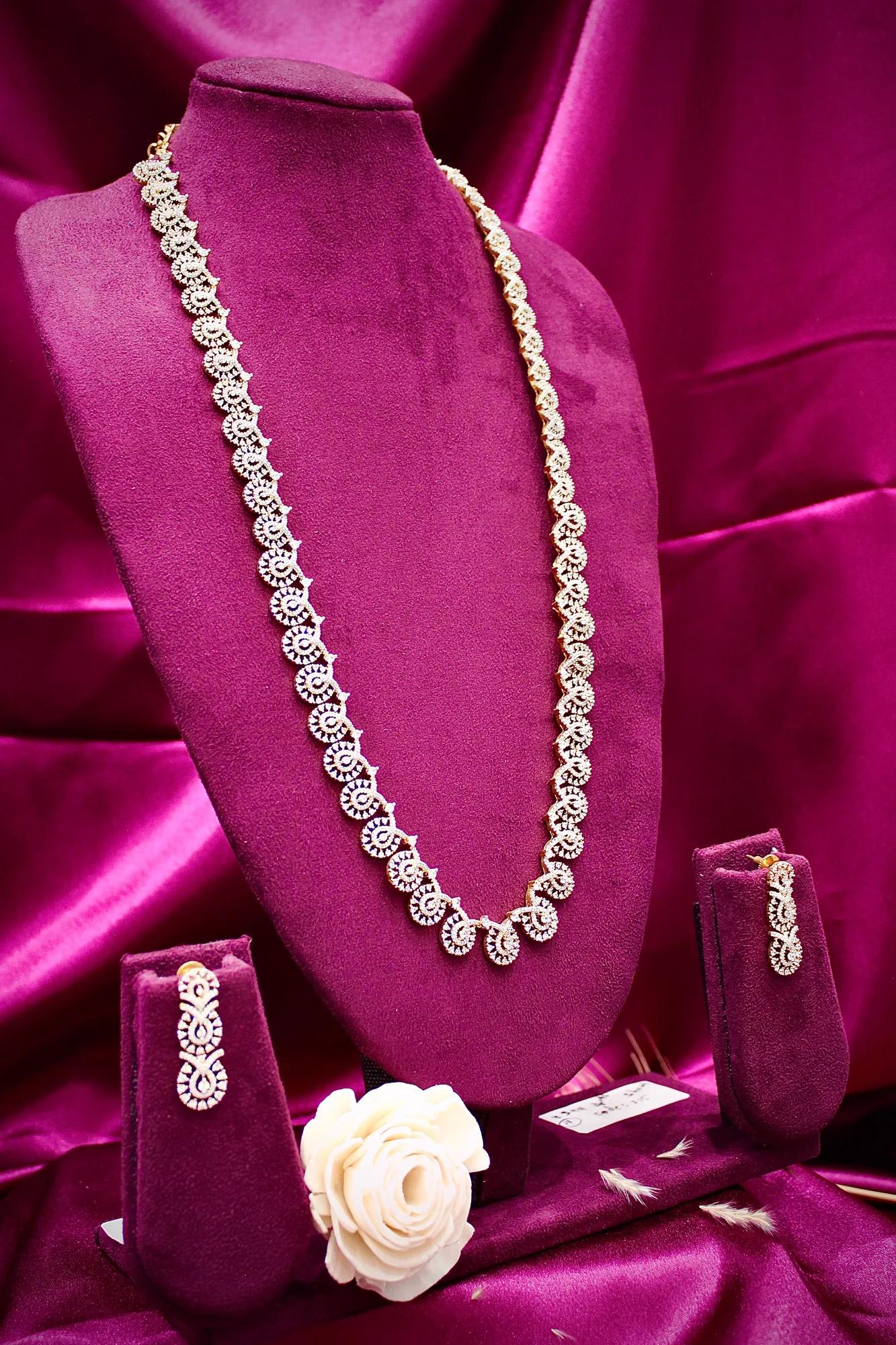 Elegant American Diamond Long Necklace Set with Drop Earrings