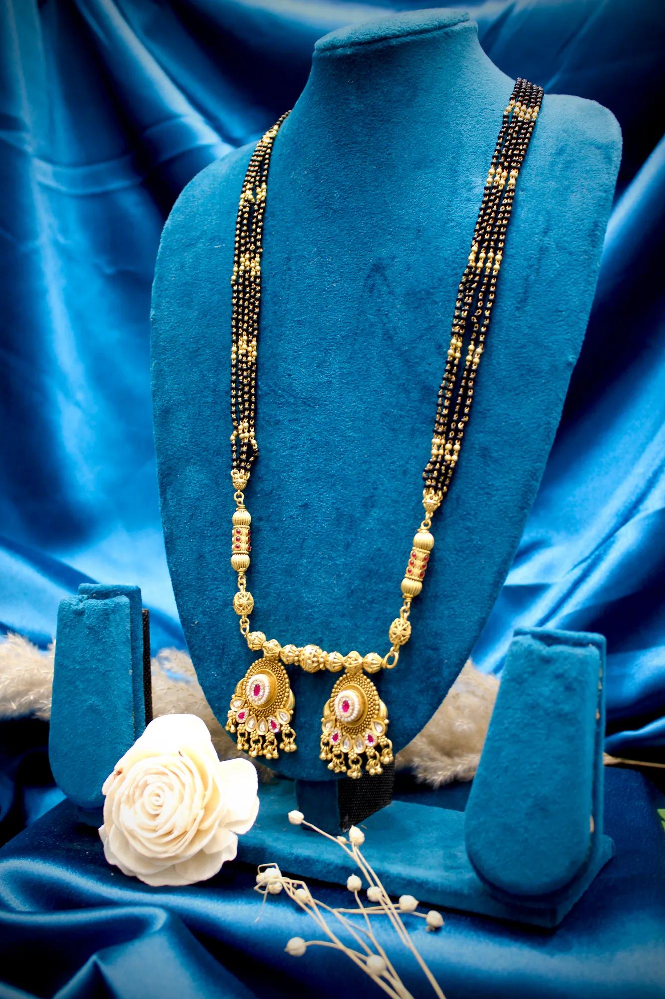 Royal Antique Gold Peacock Twin Pendant Black Bead Mangalsutra