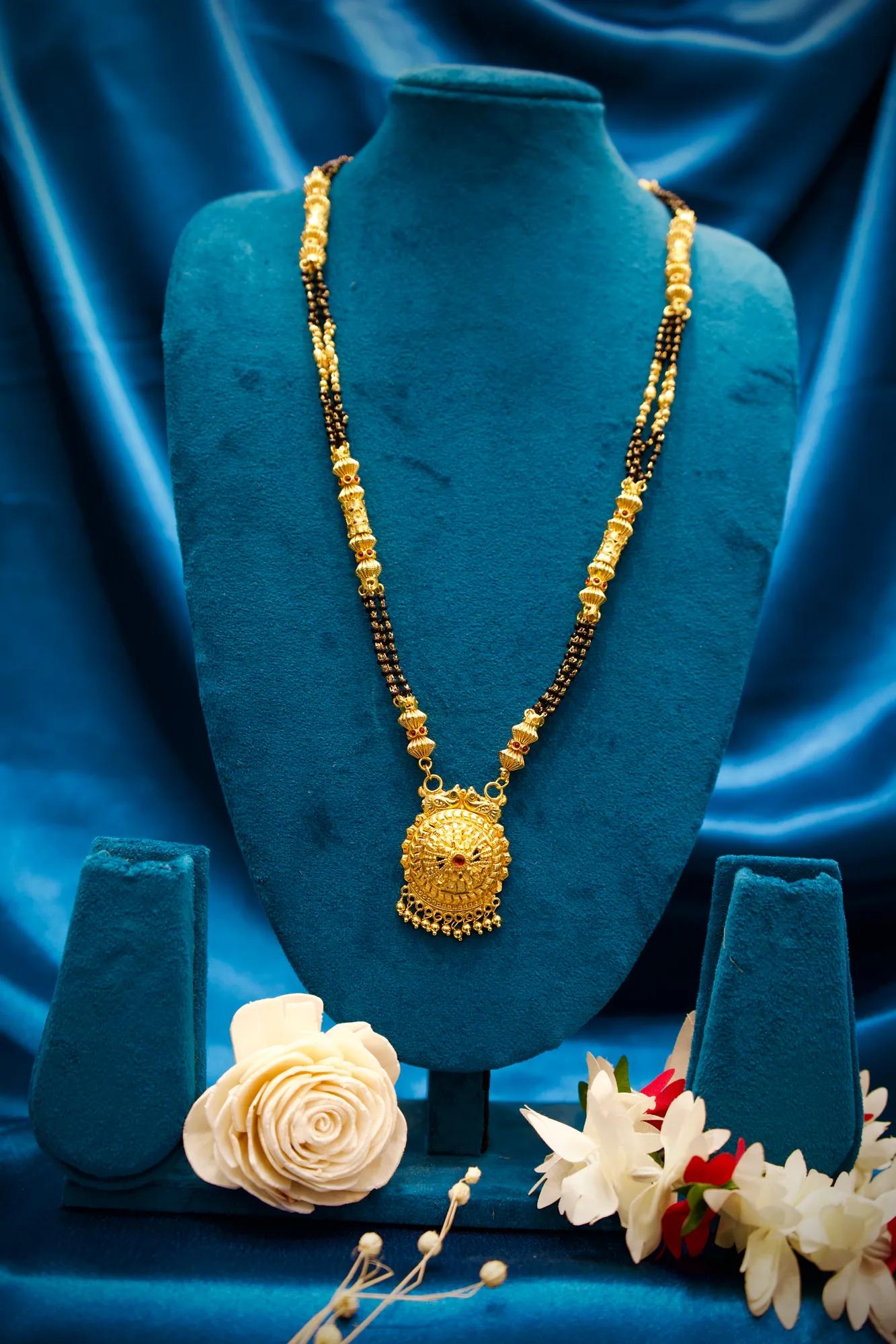 Traditional Black Bead Mangalsutra with Antique Circular Pendant