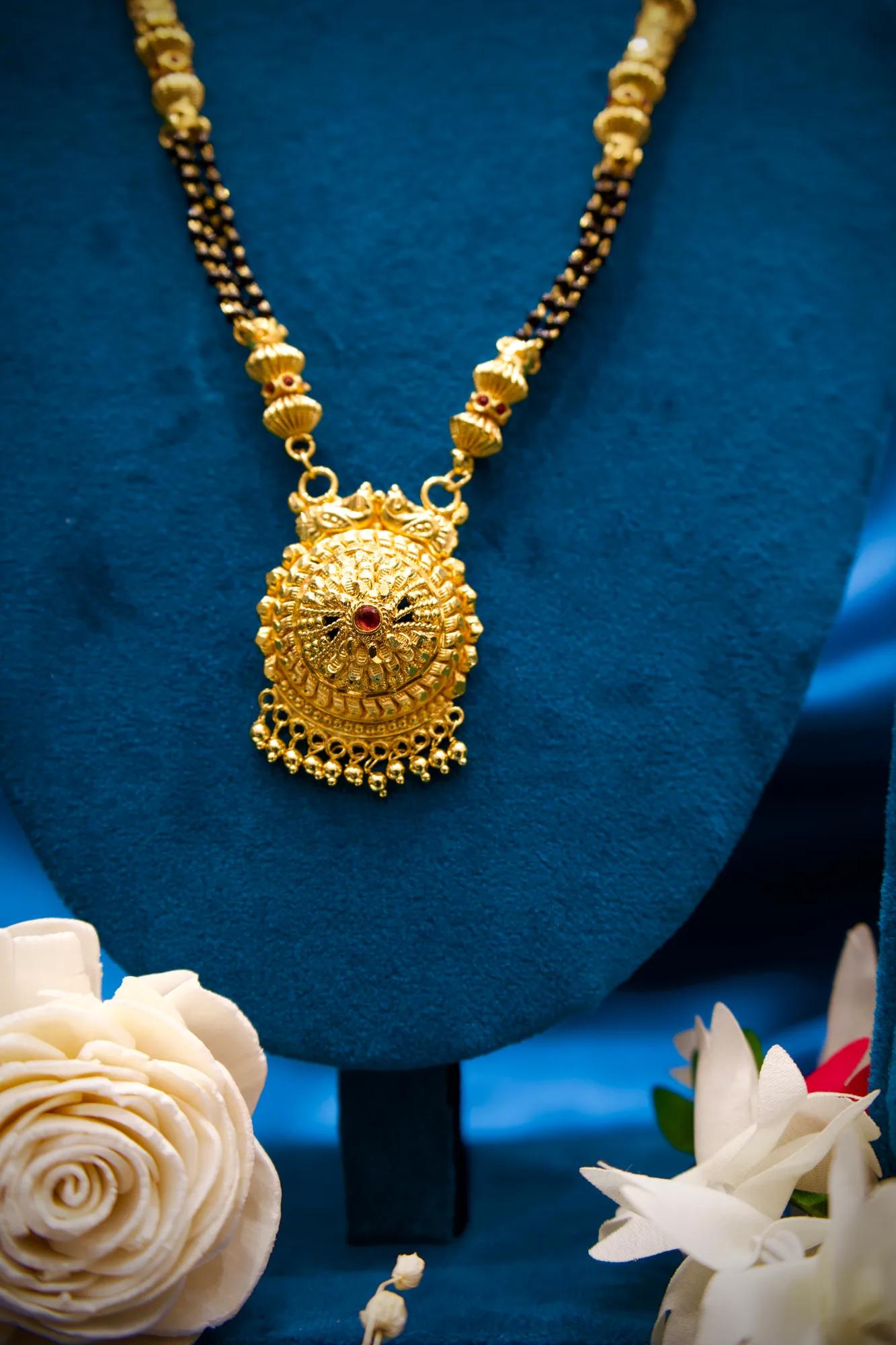 Traditional Black Bead Mangalsutra with Antique Circular Pendant