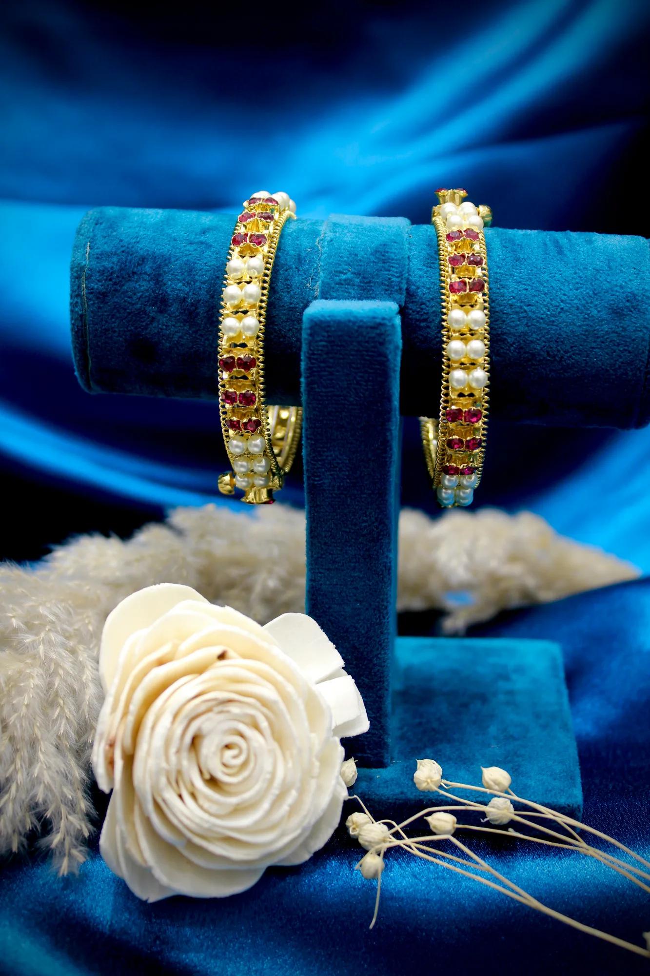 Royal Pearl & Ruby Floral Openable Bangles (Set of 2)