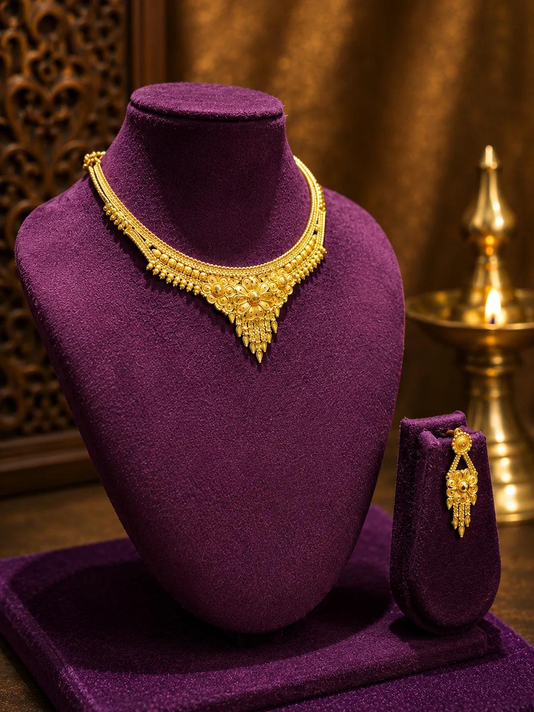 Traditional Floral Gold Necklace Set with Matching Earrings