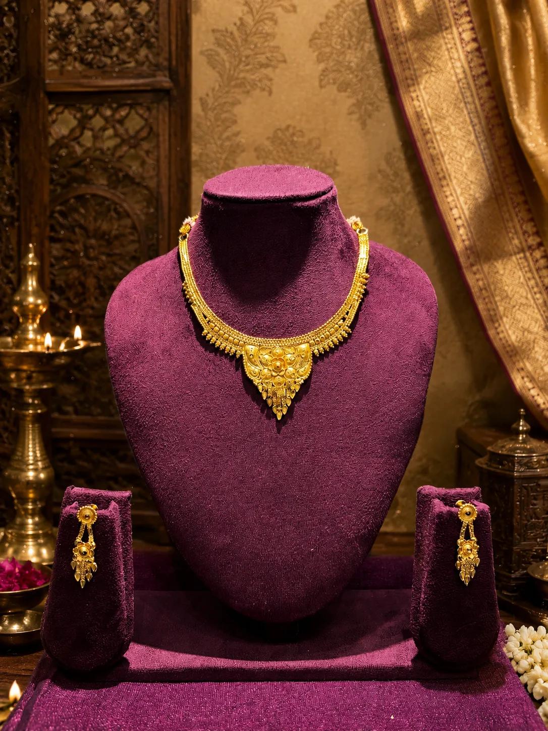 Royal Floral Gold Necklace Set with Traditional Drop Earrings