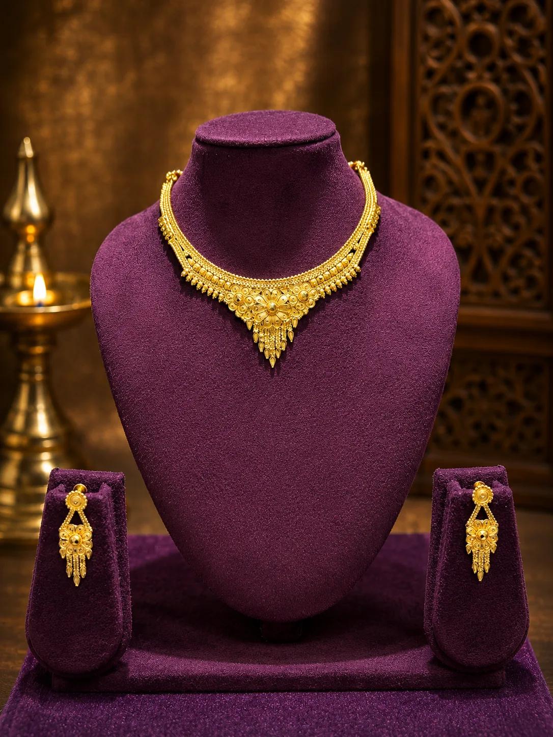 Traditional Floral Gold Necklace Set with Matching Earrings