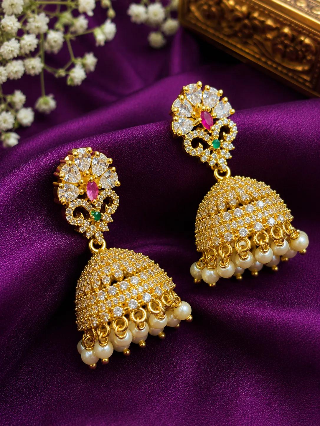 Premium AD Stone Pearl Drop Jhumka Earrings