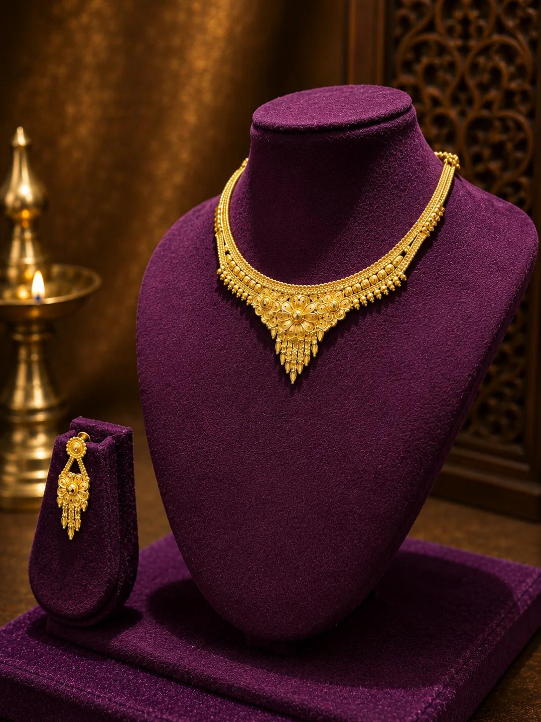 Traditional Floral Gold Necklace Set with Matching Earrings