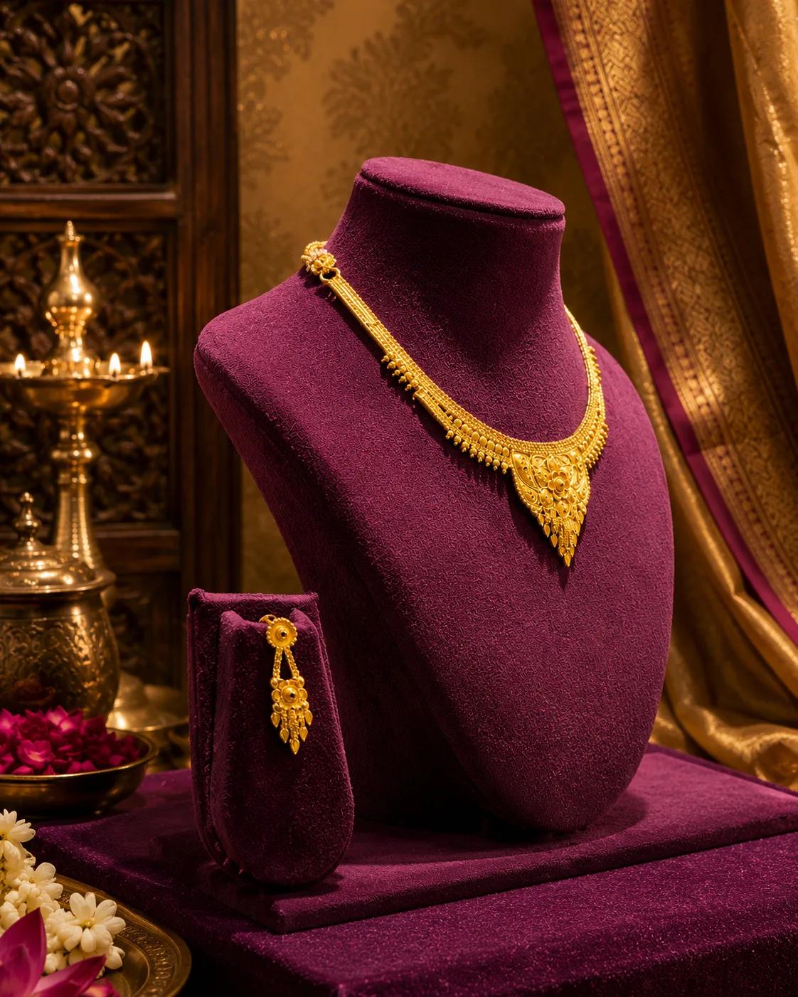 Royal Floral Gold Necklace Set with Traditional Drop Earrings