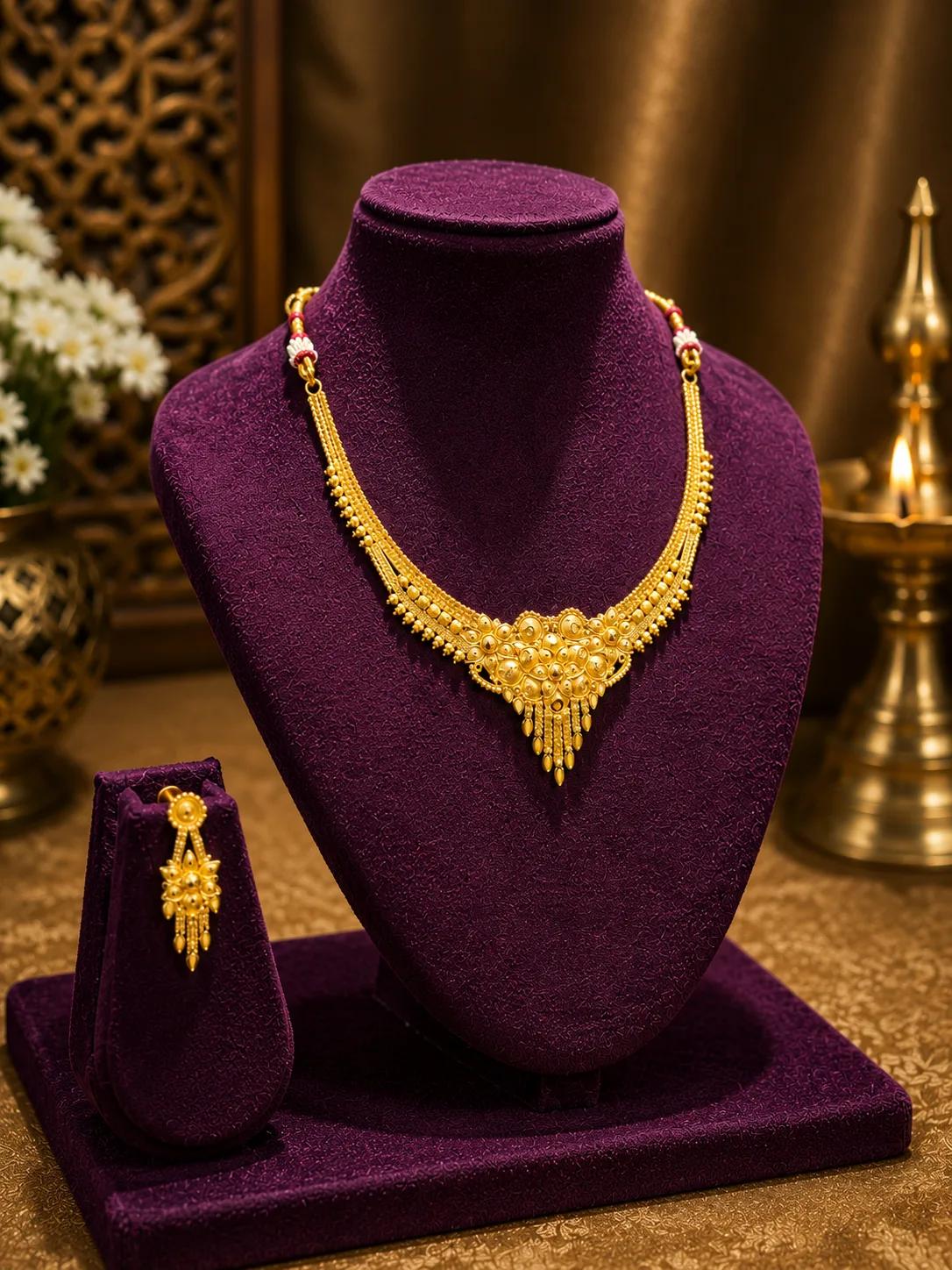 Antique Floral Gold Necklace Set with Beaded Accents