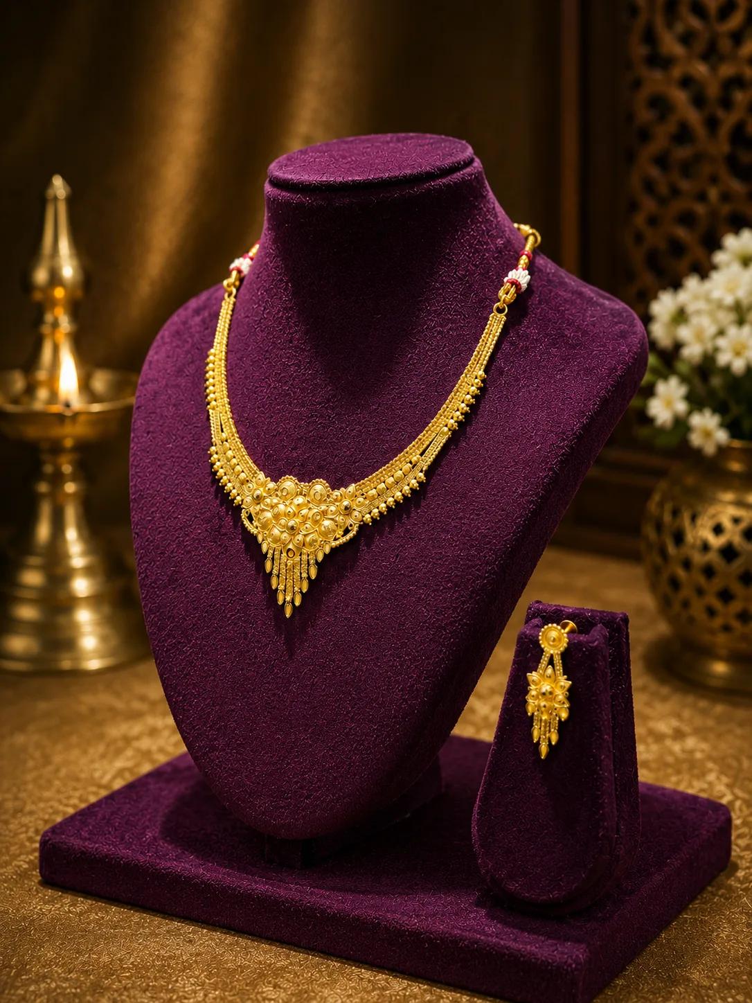 Antique Floral Gold Necklace Set with Beaded Accents